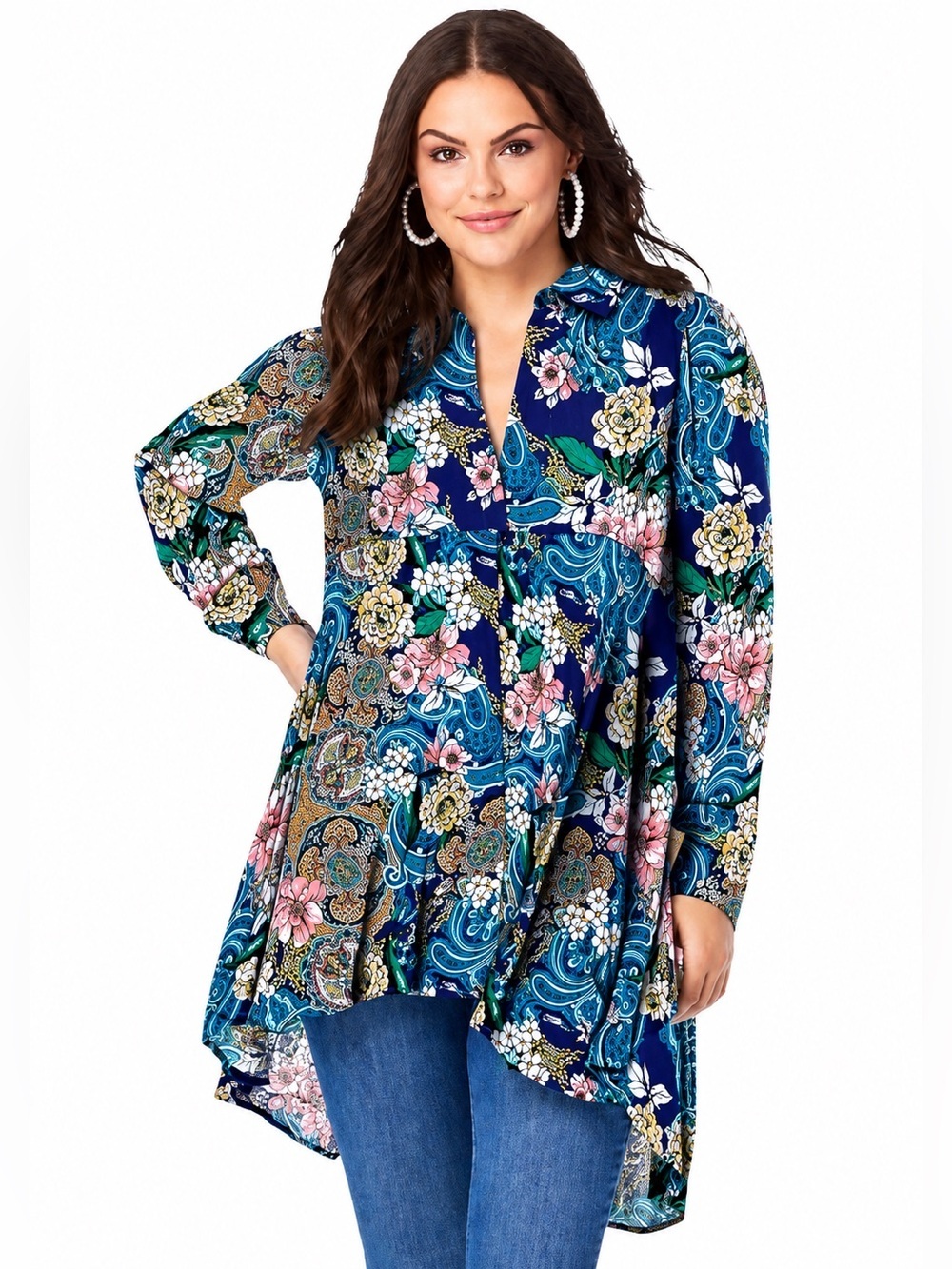 Roaman’s 32W Floral Paisley Tunic Top Navy Blue High Low Boho Plus Size Rayon